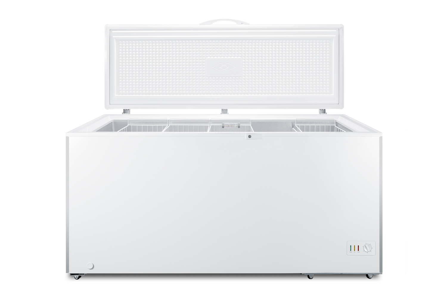 Commercially listed 17.2 cu.ft. manual defrost chest freezer in white with stainless steel corner guards and lock